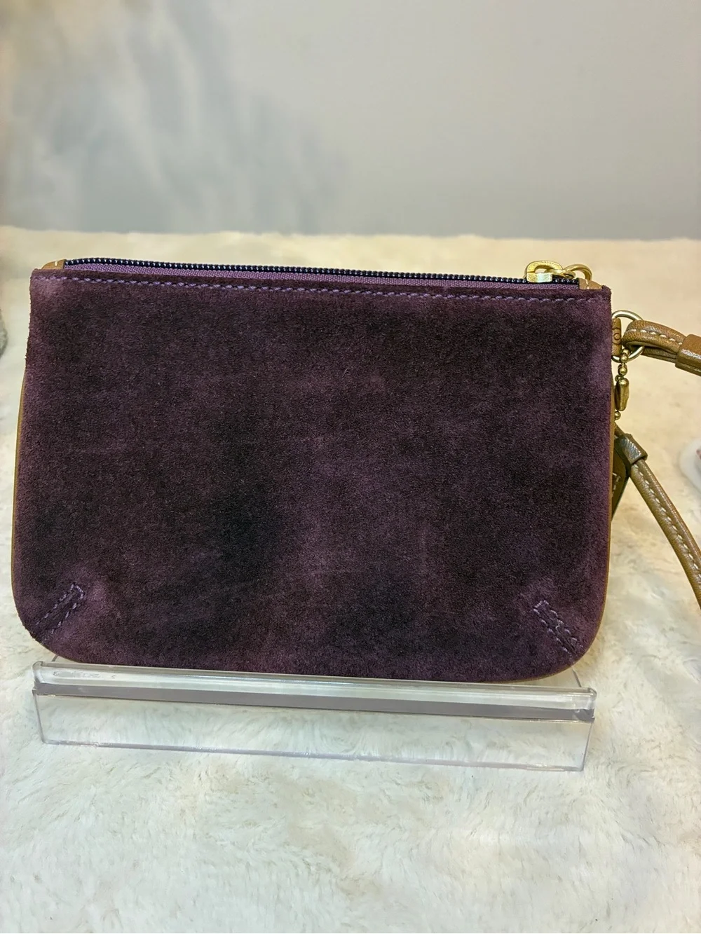 Coach Purple Suede Wristlet Clutch Brown Leather Trim Brass Grommet Y2K Vintage